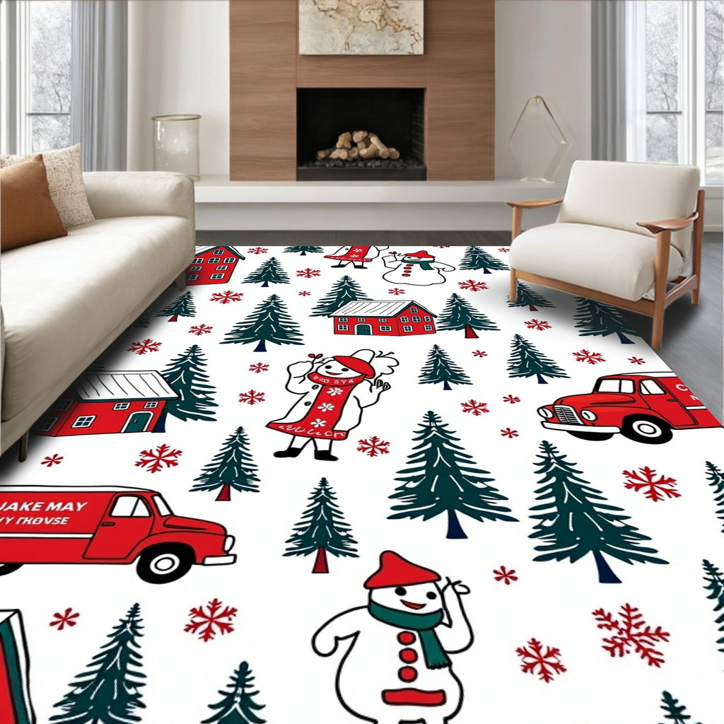 Holiday Village Red Snowman Trees Rug