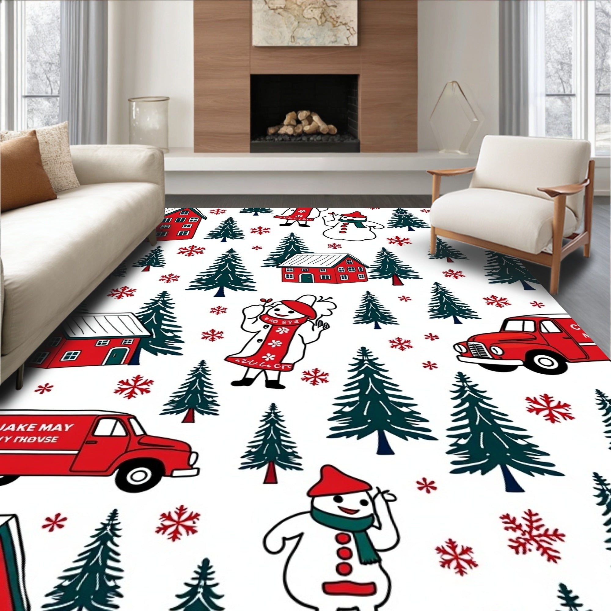 Holiday Village Red Snowman Trees Rug