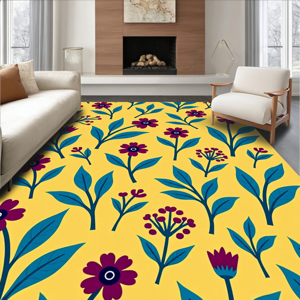 Deep Purple Floral Medallion Yellow Rug