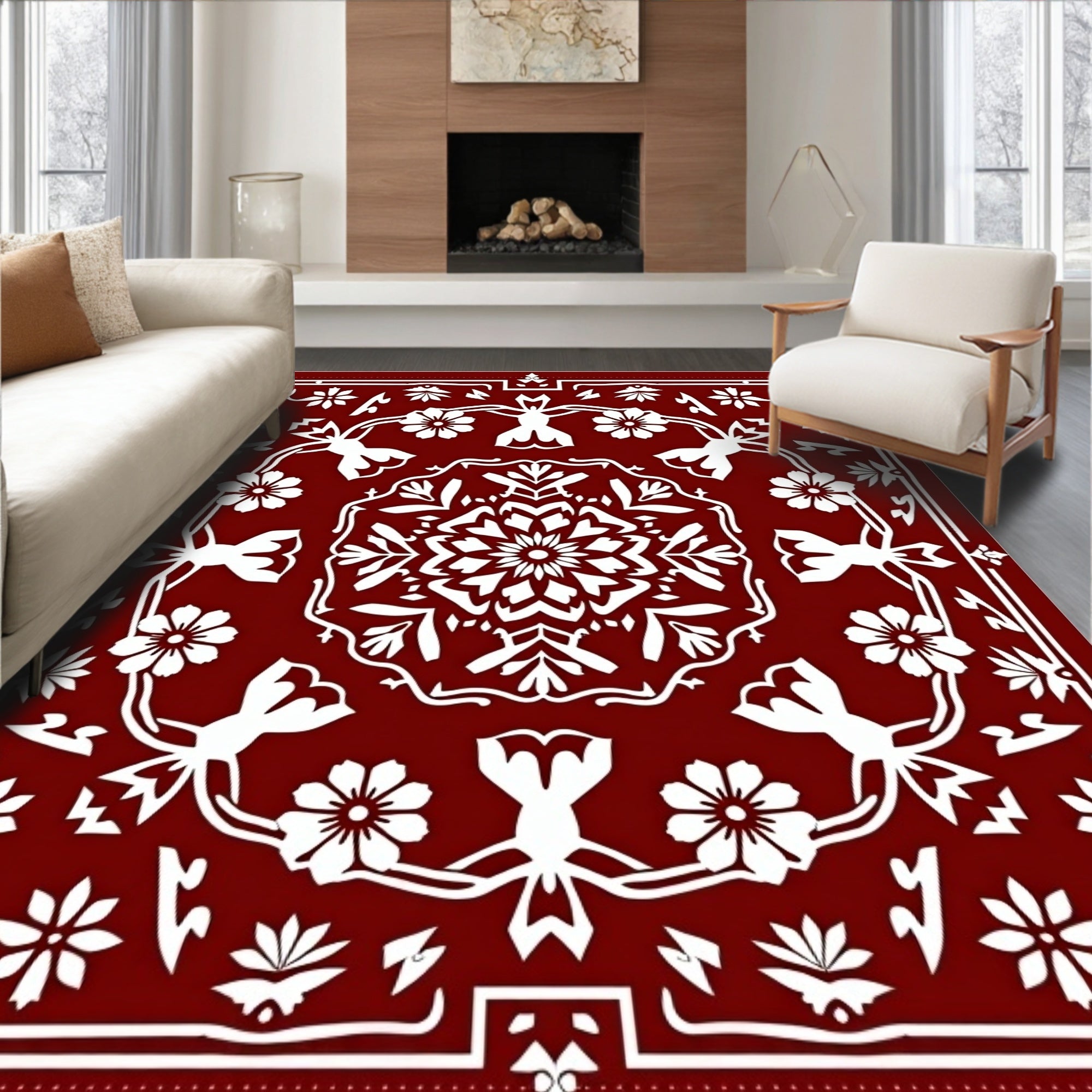Deep Red Floral Mandala Medallion Rug