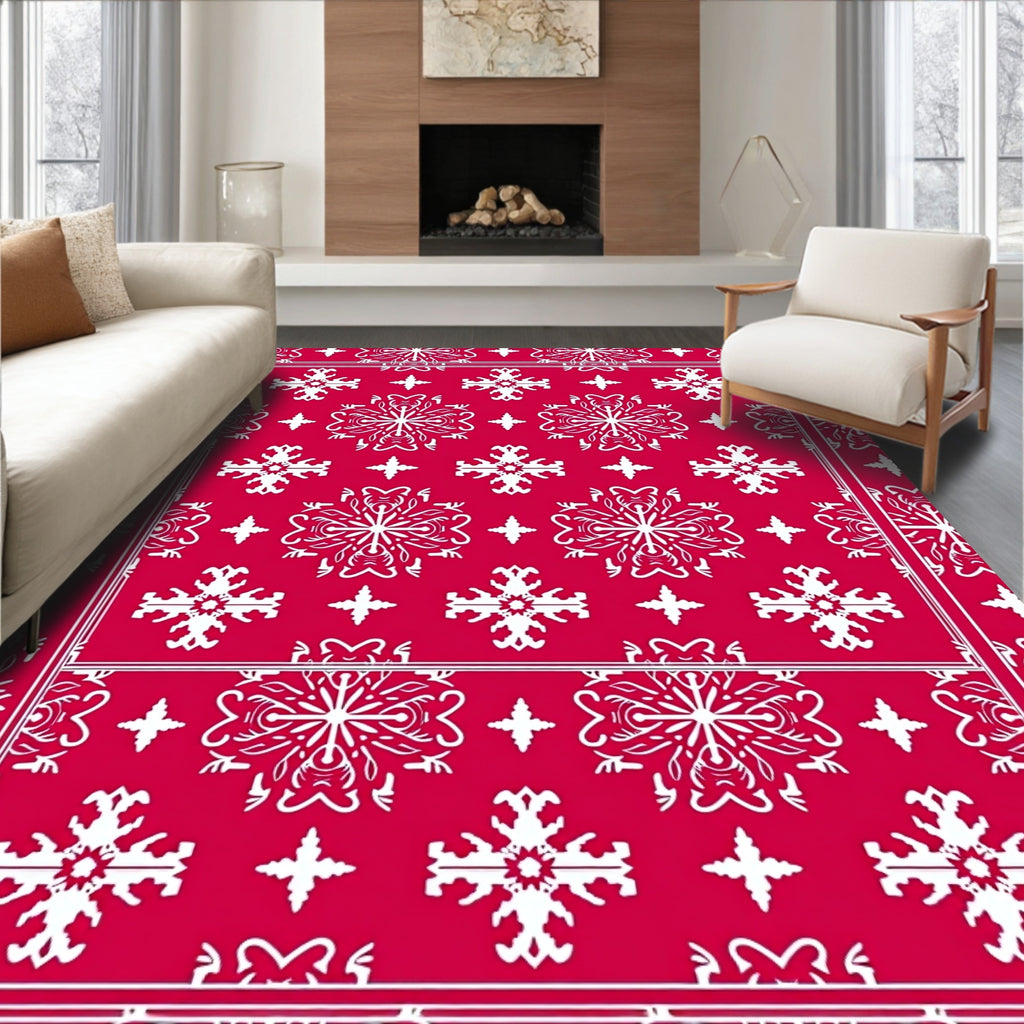Crimson White Snowflake Medallion Symmetry Rug