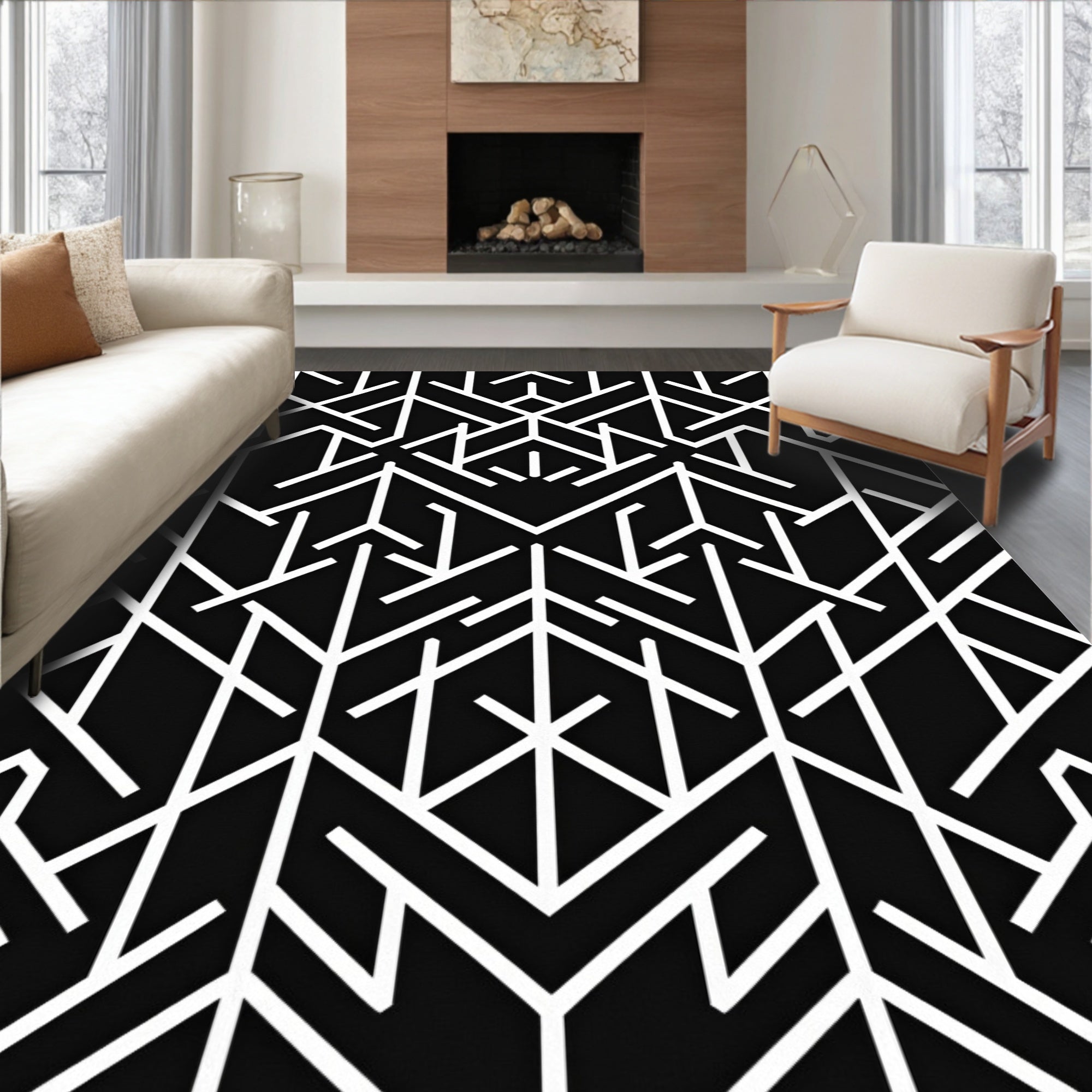 Black White Geometric Line Accordion Rug