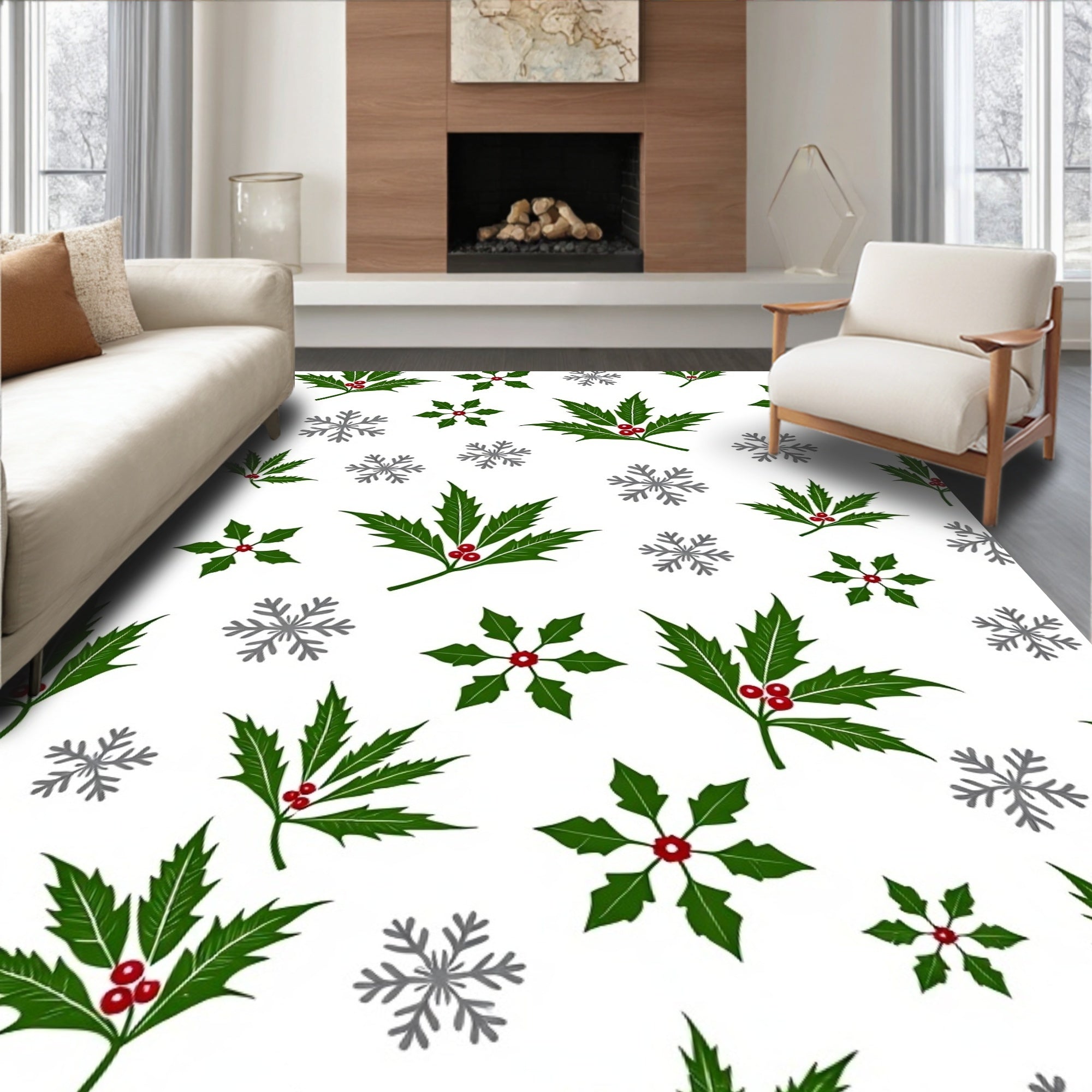 Green Holly Berry Snowflakes Repeat Rug