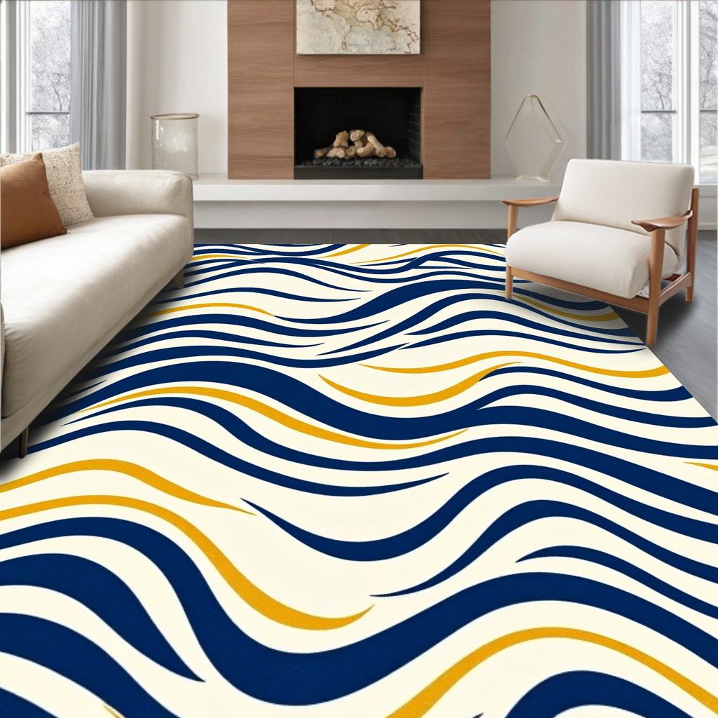 Navy Gold Wavy Stripe Rug