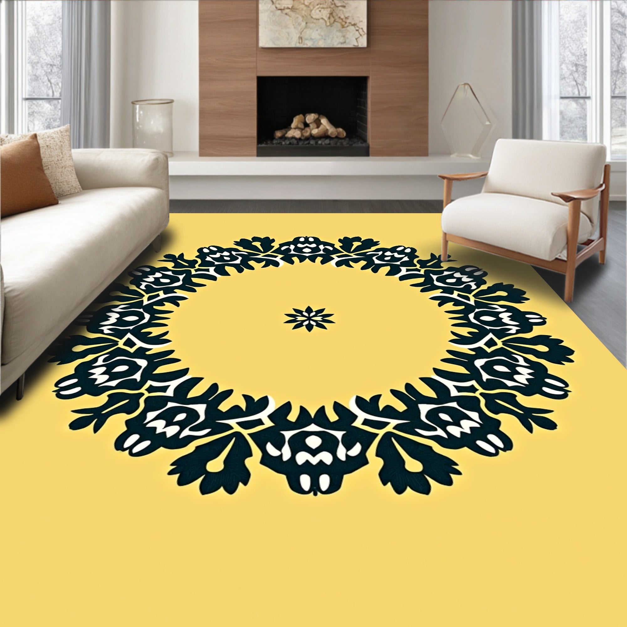 Bold Blue Circular Floral Motif Rug
