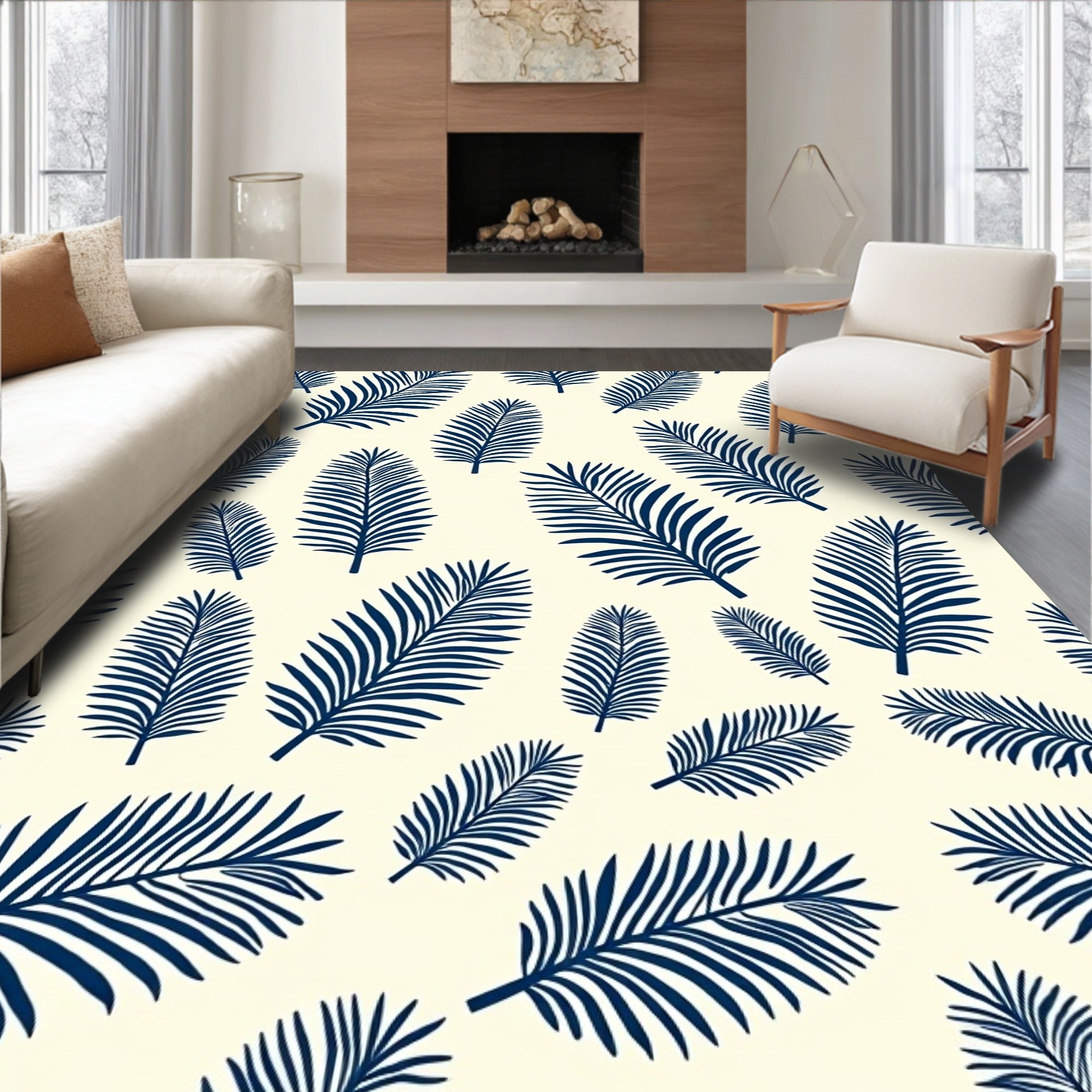 Navy Blue Botanical Frond Print Rug