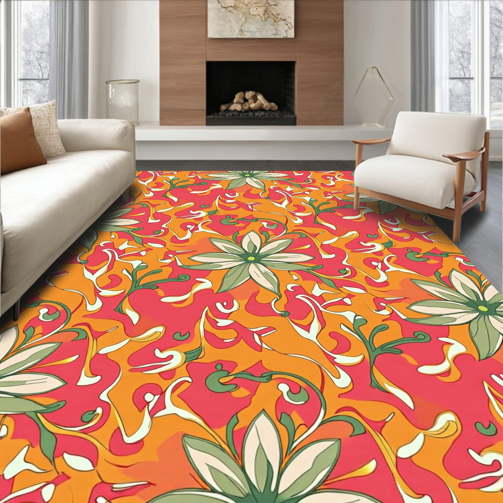Vibrant Coral Green Floral Swirl Rug
