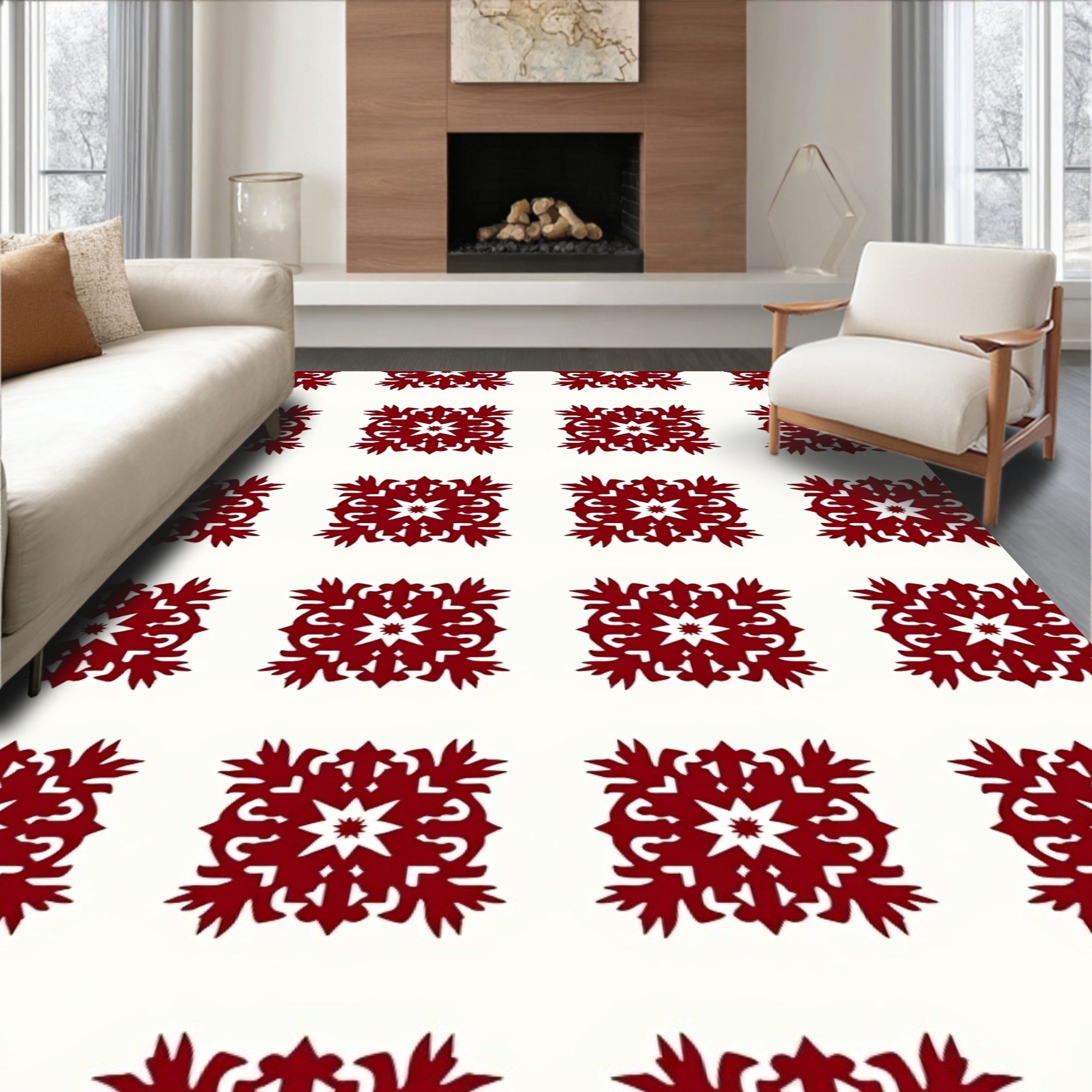 Deep Crimson Floral Square Medallion Rug