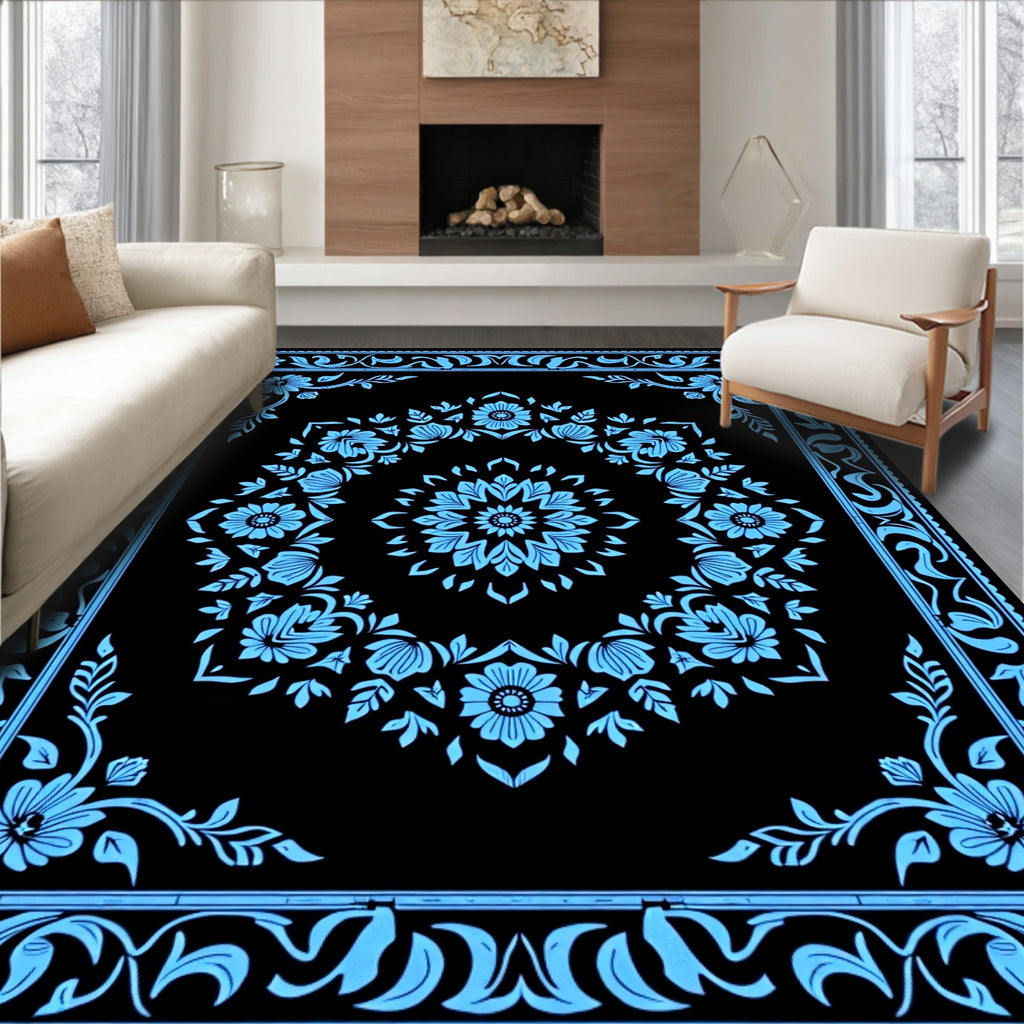 Sky Blue Floral Medallion Black Rug