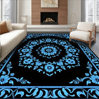 Sky Blue Floral Medallion Black Rug