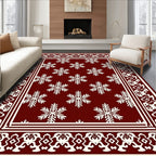 Deep Red Snowflakes Ornate Border Rug