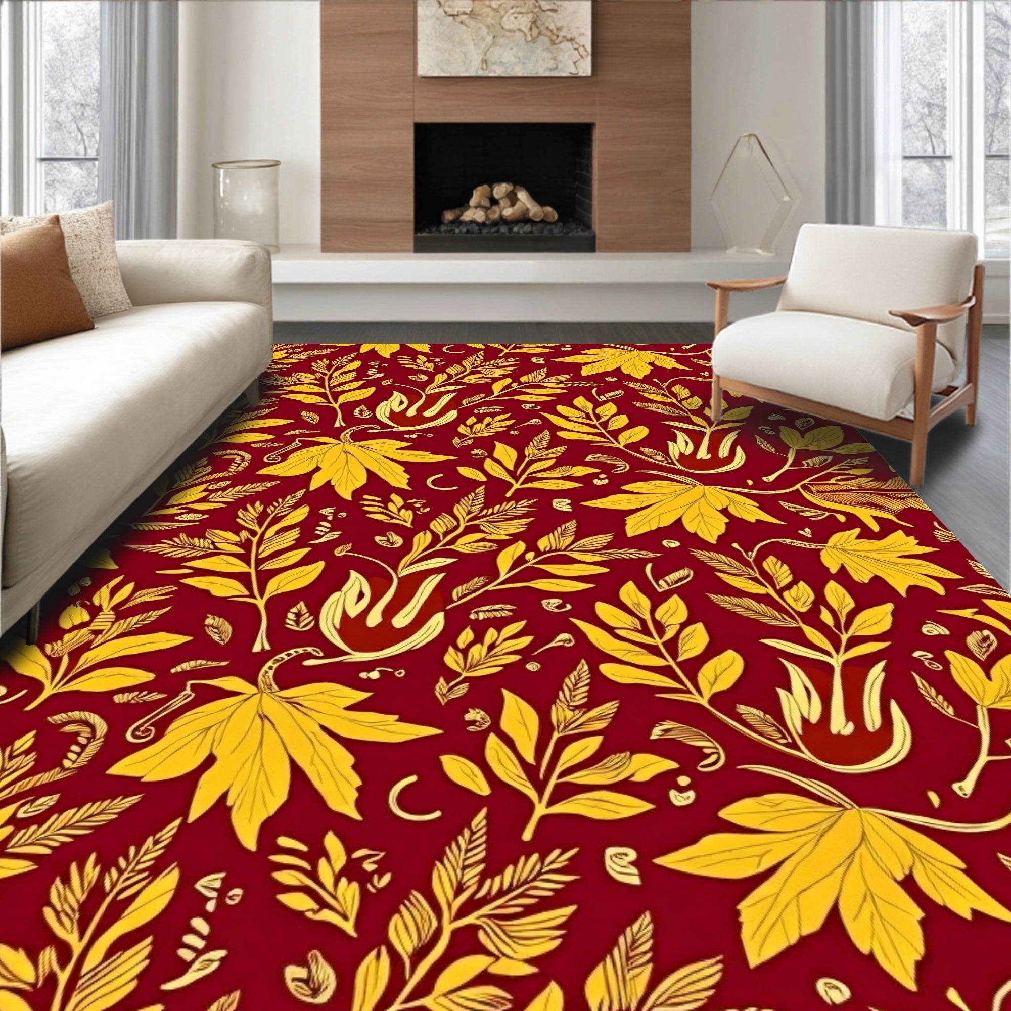 Crimson Gold Botanical Foliage Rug