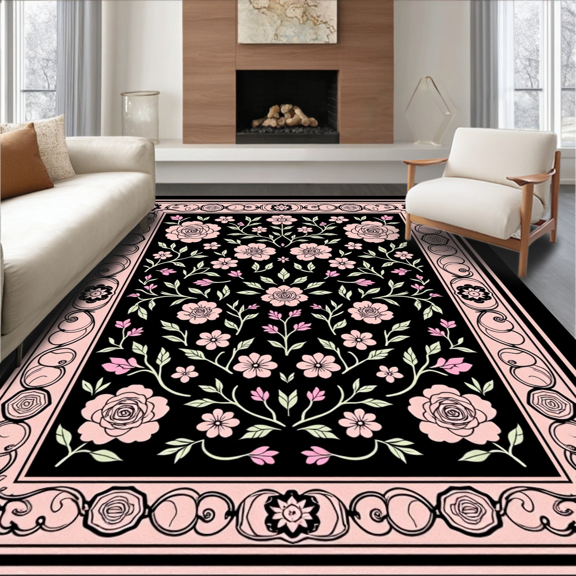 Pink floral garden black Rug