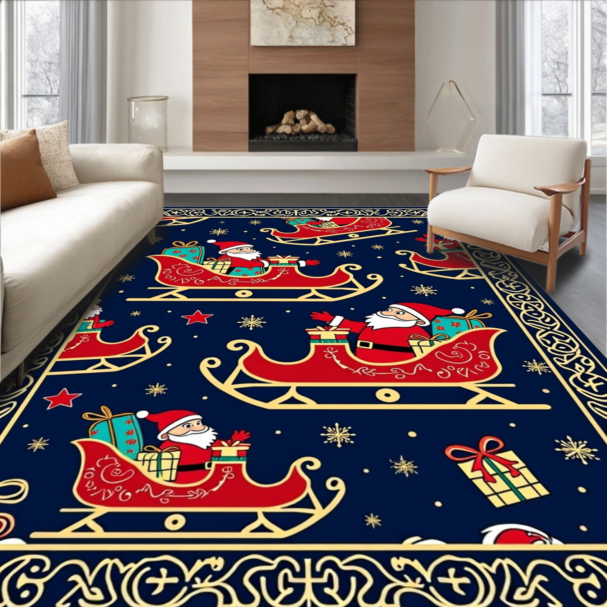 Festive Santa Sleigh Midnight Garland Rug