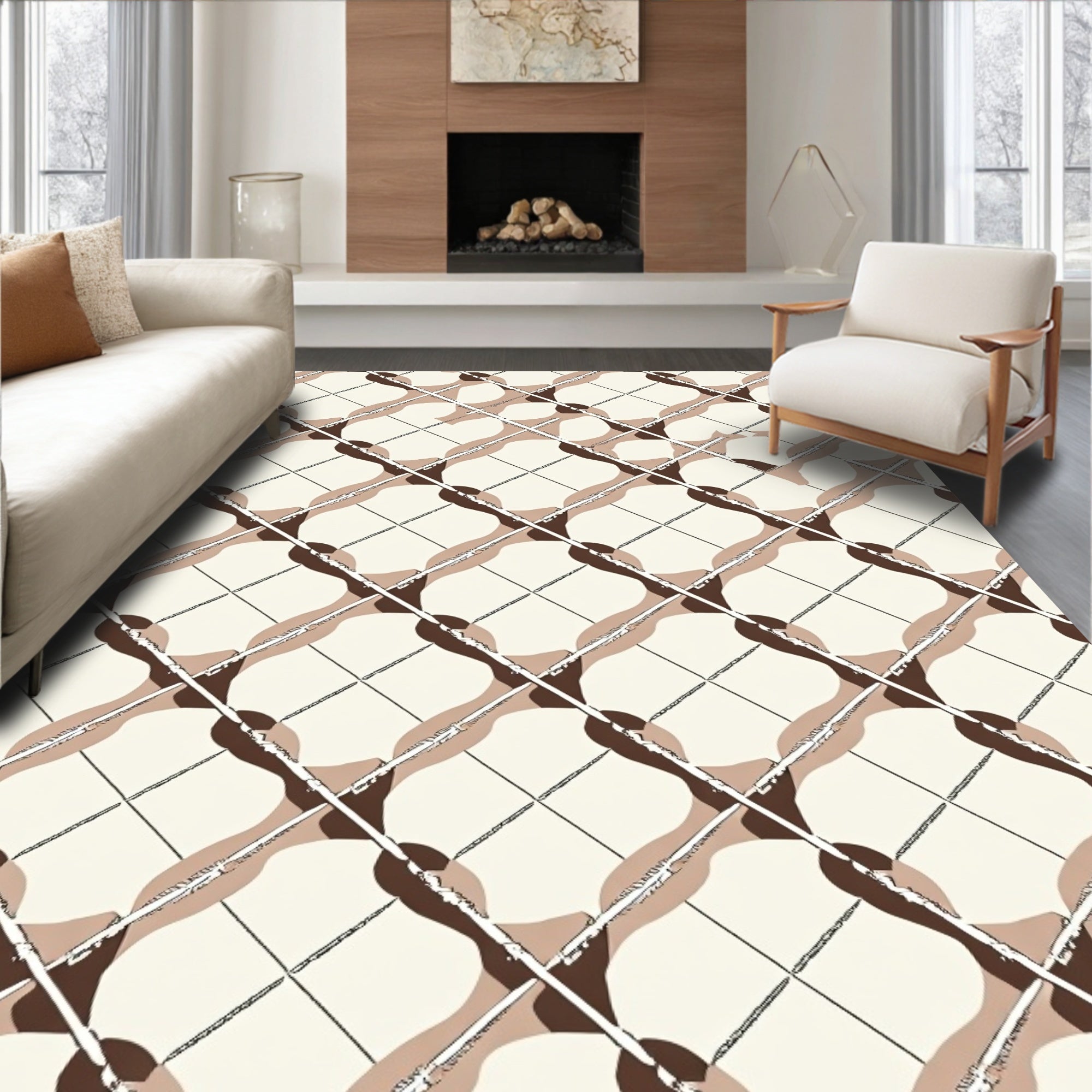 Cream and Brown Wavy Lattice Rug