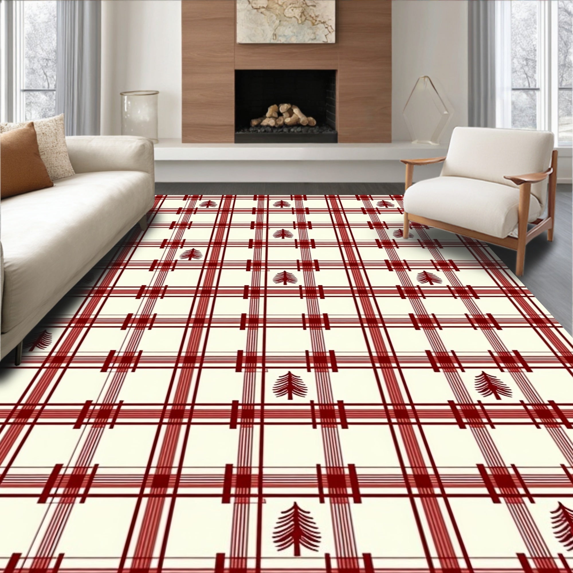 Crimson Cream Plaid Tree Repeat Rug