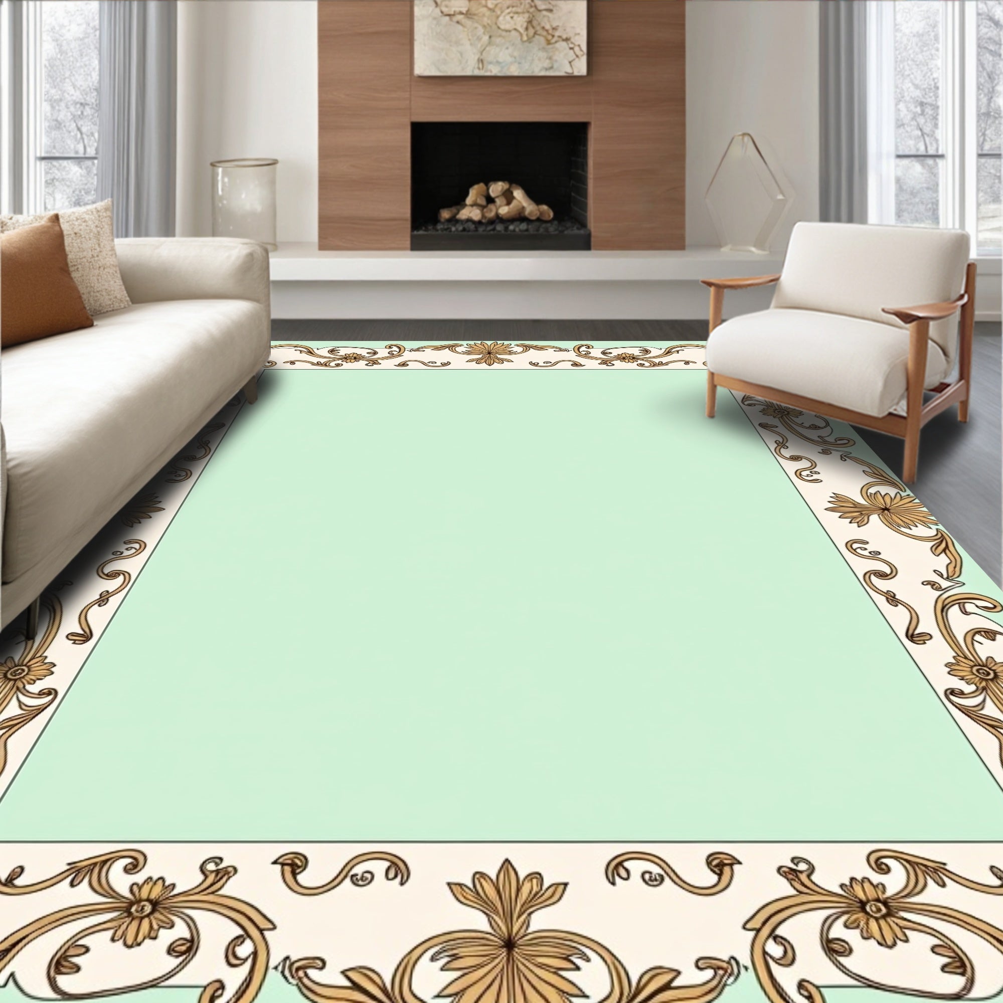 Golden Floral Scroll Border Rug