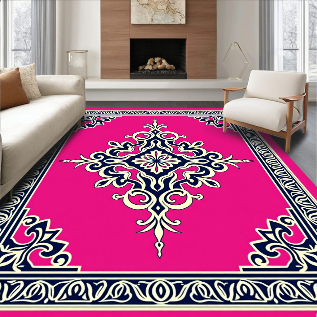 Ornate Vivid Pink Damask Medallion Rug