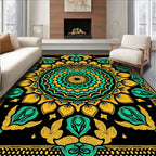 Black Teal Gold Mandala Bloom Rug