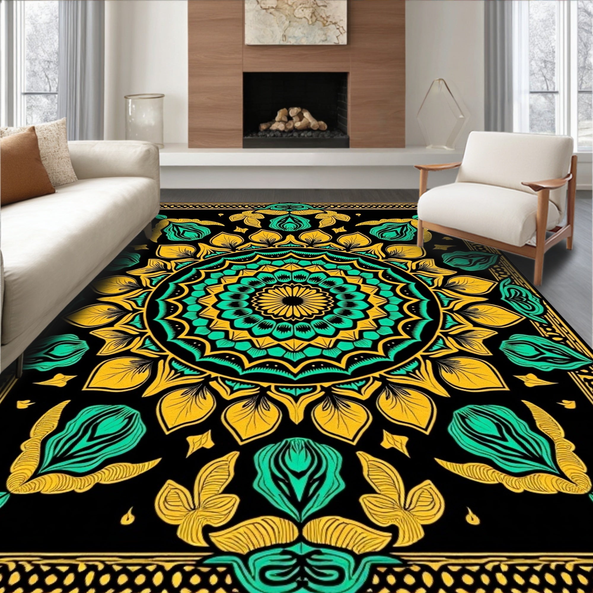 Black Teal Gold Mandala Bloom Rug