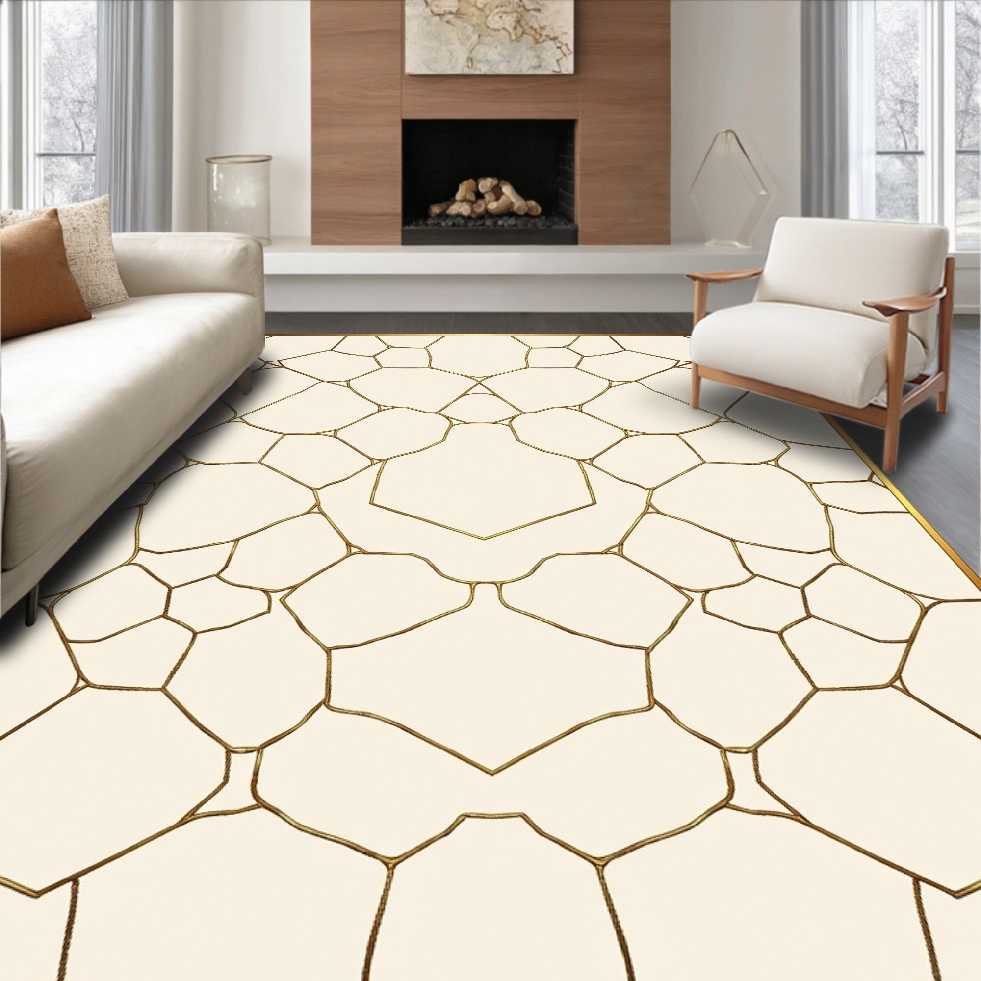 Cream and Gold Geometric Weave Rug