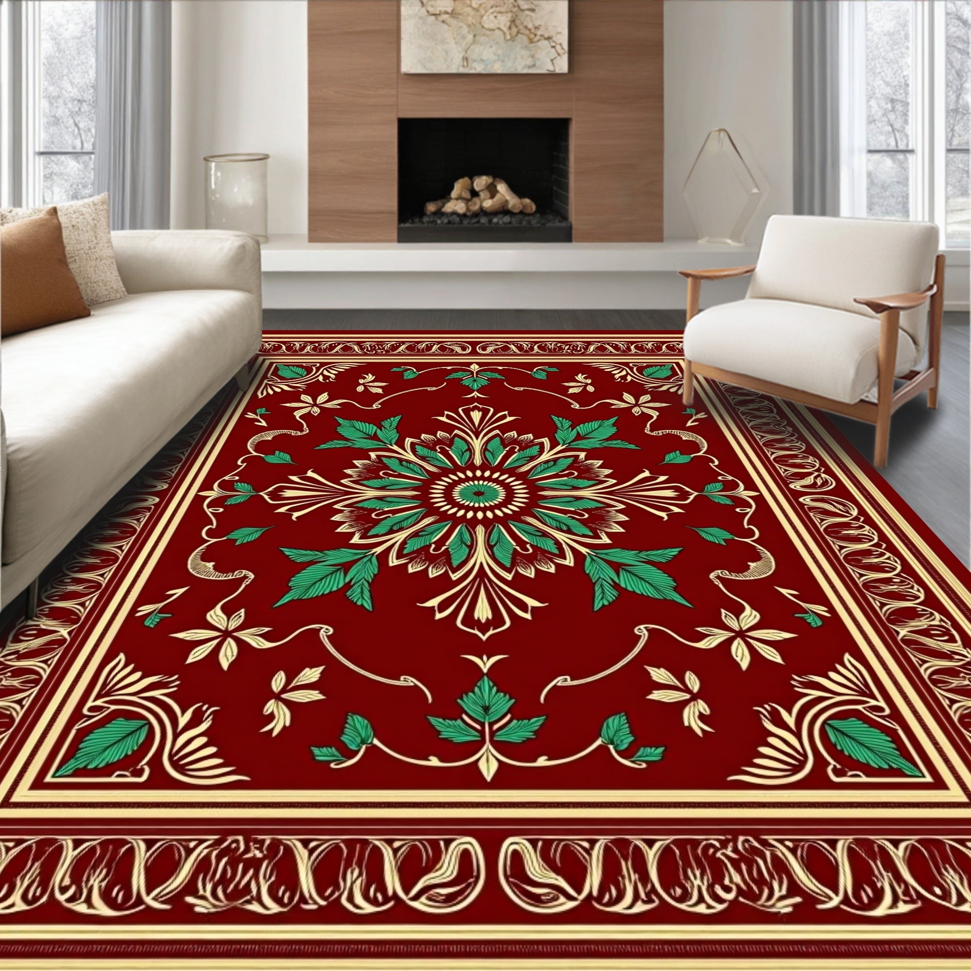 Crimson Emerald Floral Medallion Rug