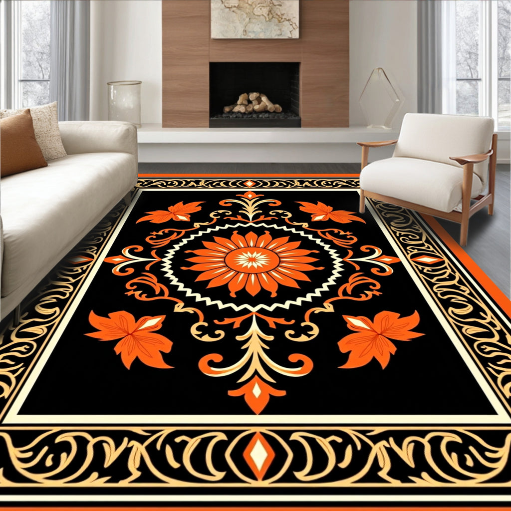 Orange Floral Sunburst Black Frame Rug