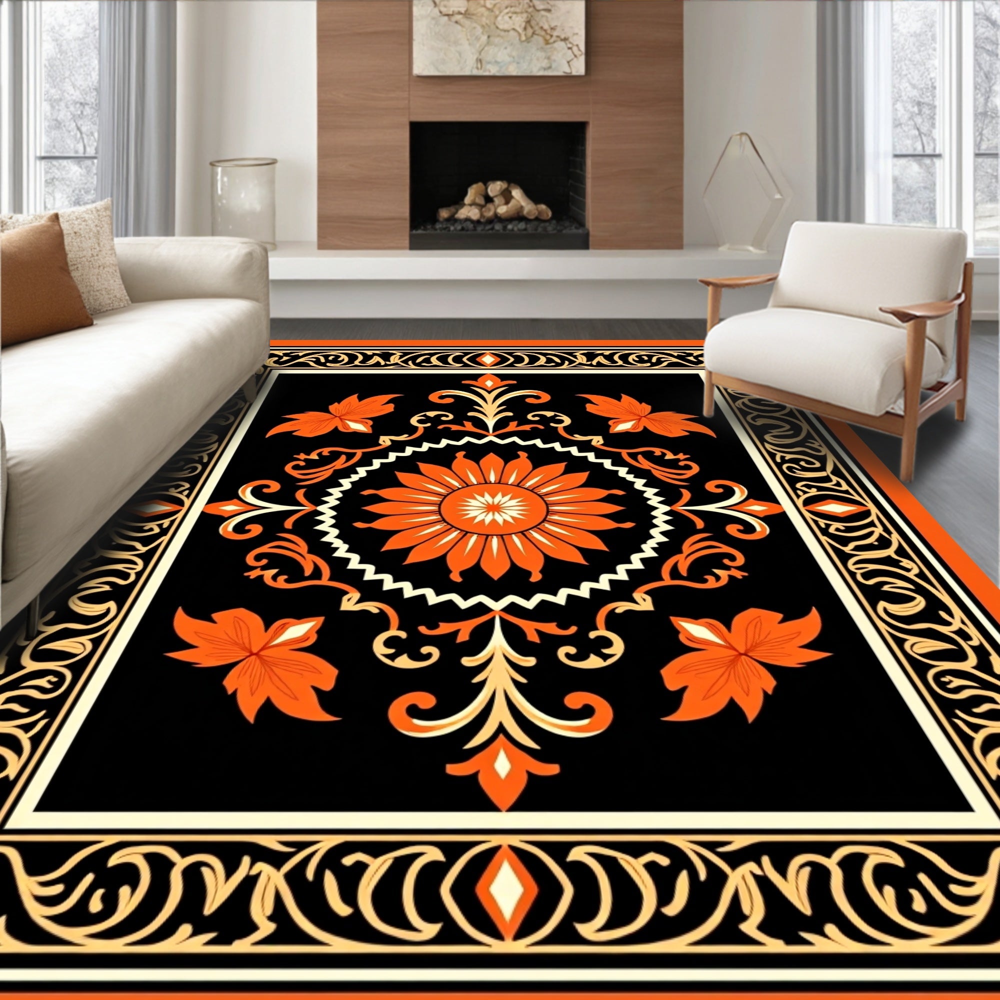 Orange Floral Sunburst Black Frame Rug