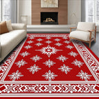 Red White Geometric Starburst Border Rug