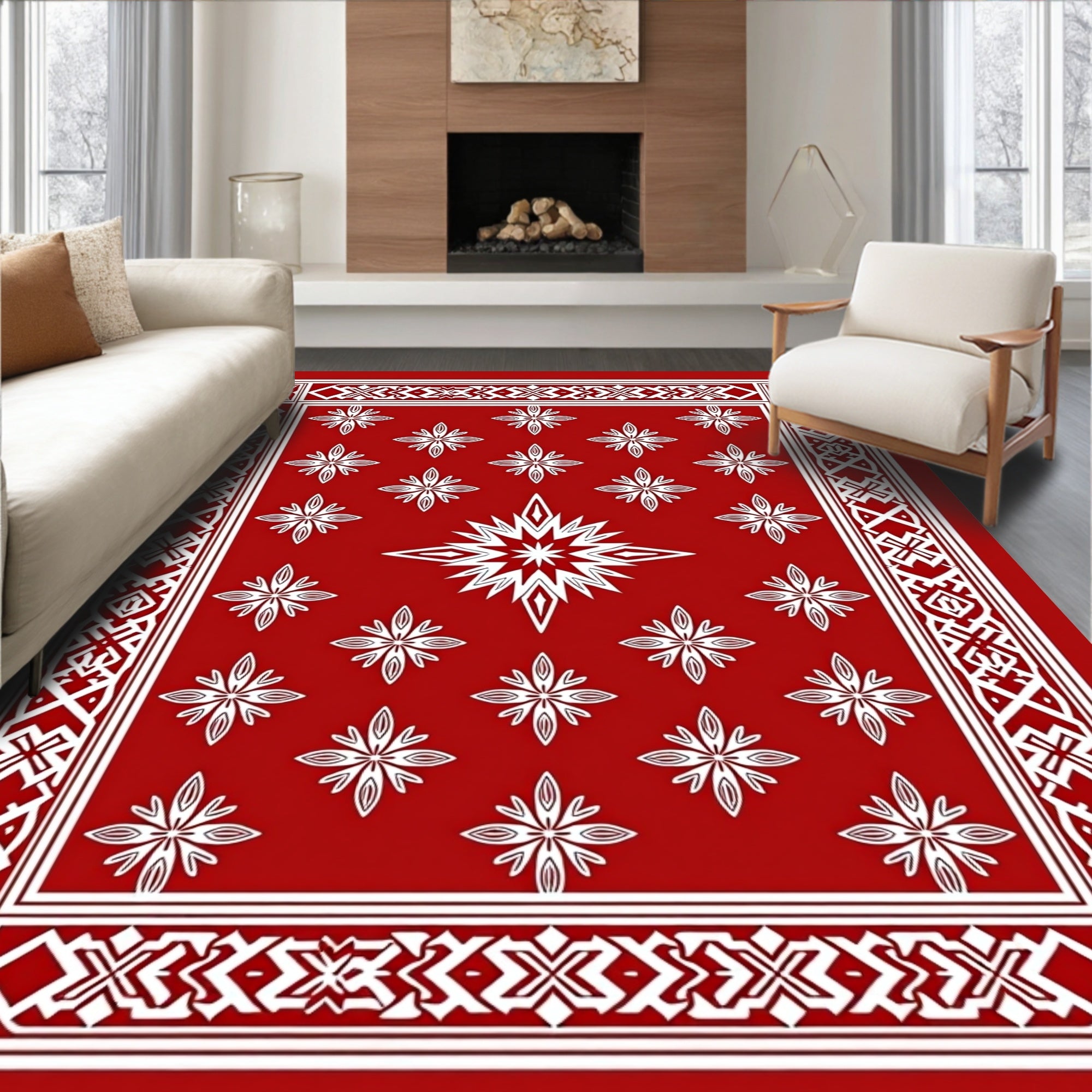 Red White Geometric Starburst Border Rug