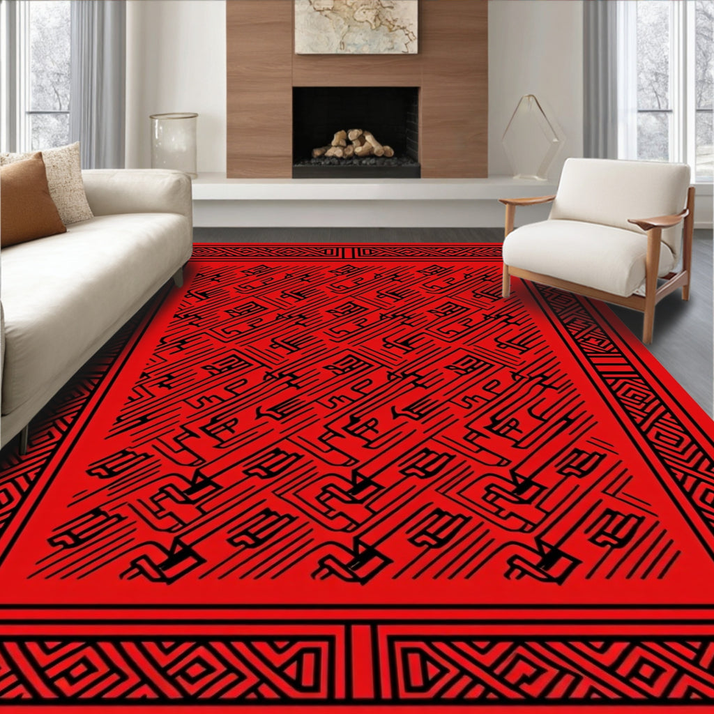 Bold Red Geometric Maze Border Rug