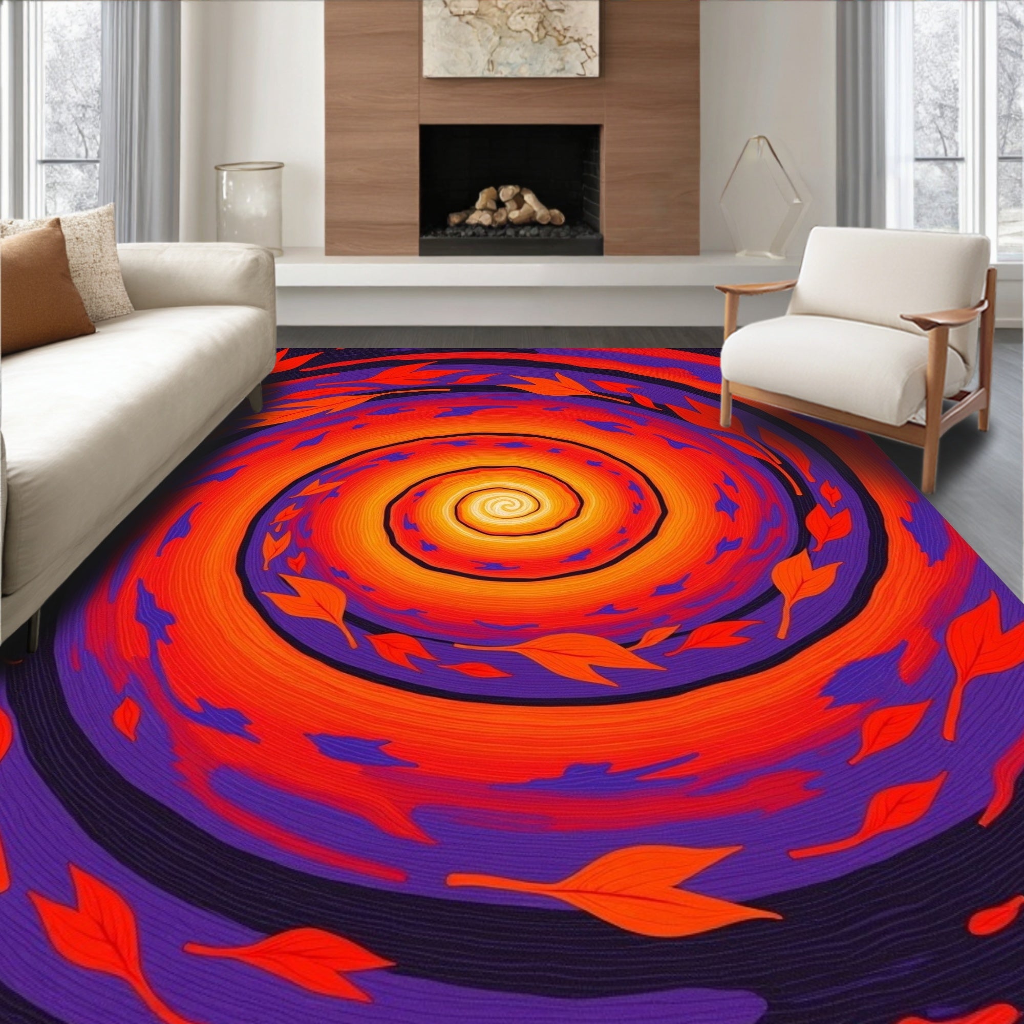 Vibrant Orange Purple Leaf Swirl Rug