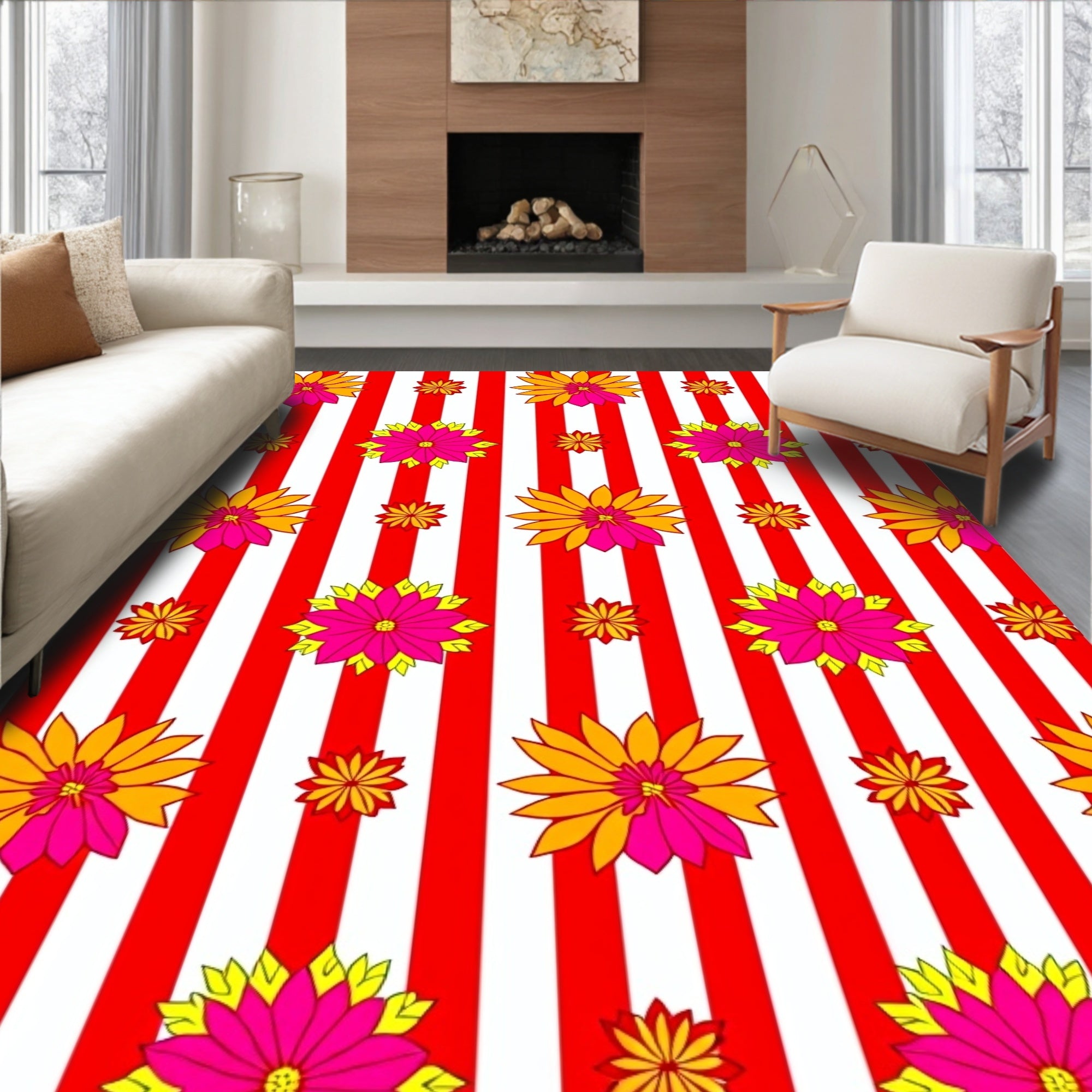Vibrant Pink Orange Floral Stripe Rug
