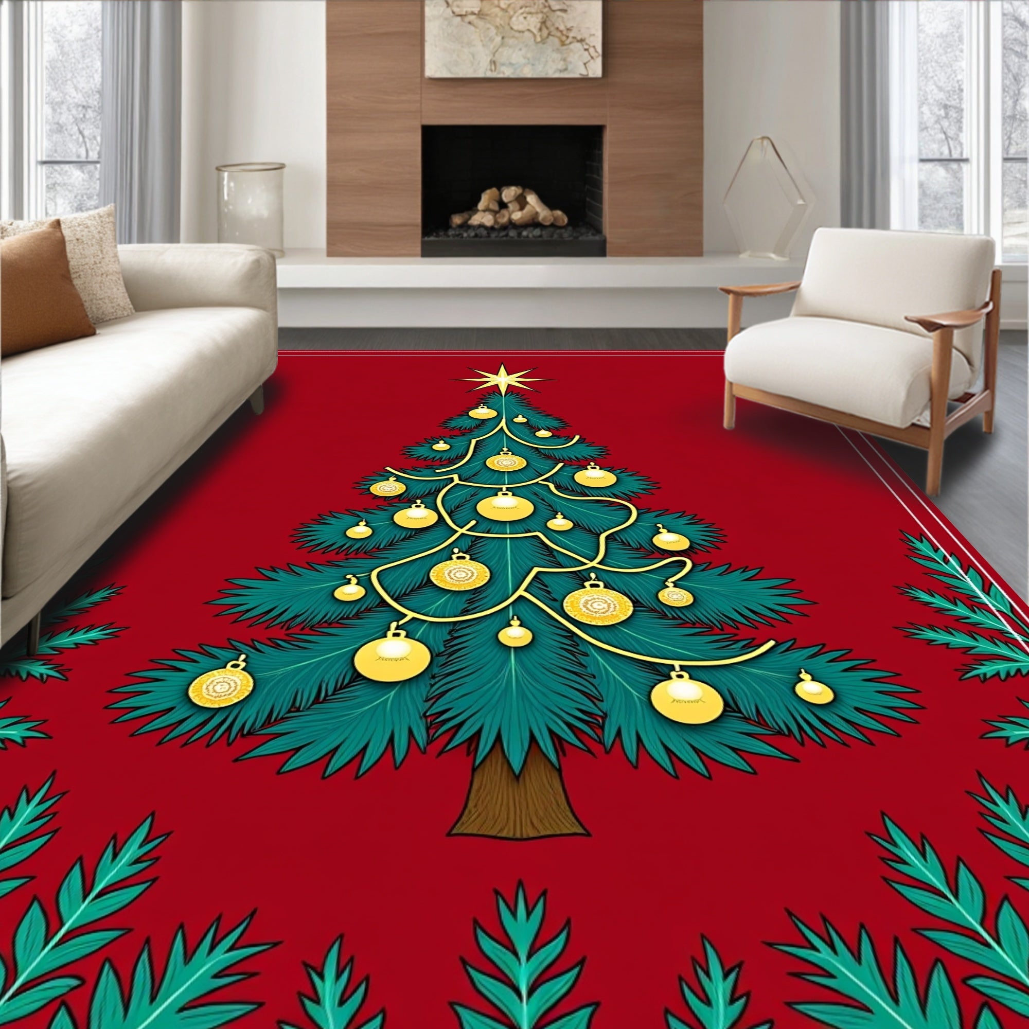 Crisp Evergreen Ornaments Festive Tree Rug