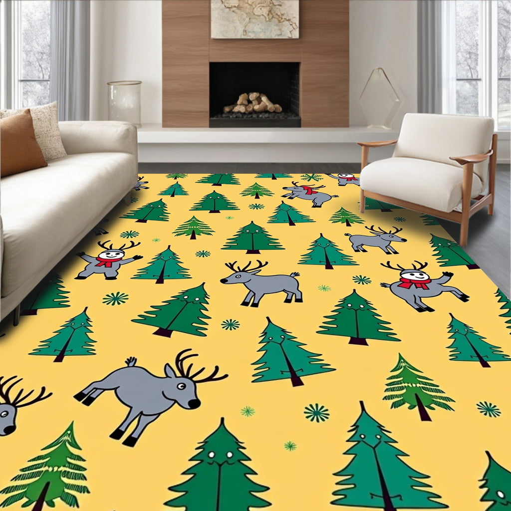 Jolly Reindeer Spruce Trees Yellow Rug
