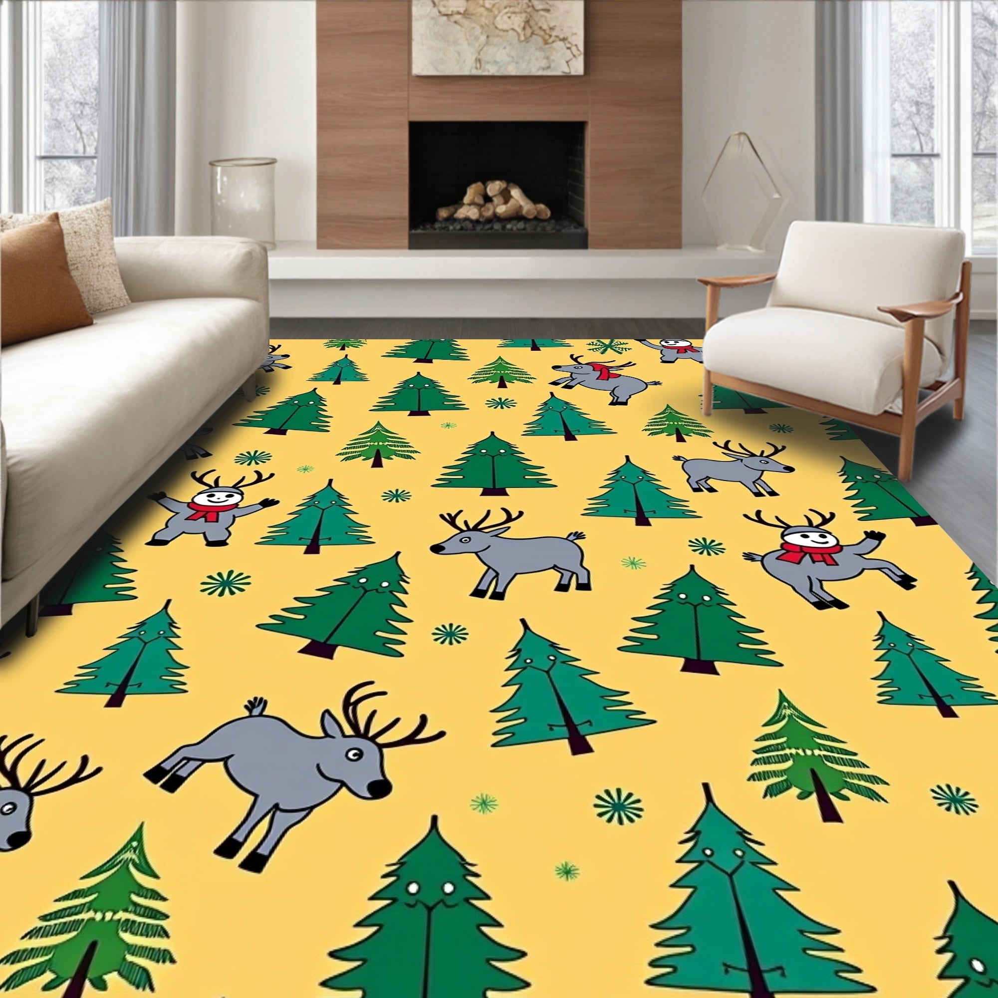 Jolly Reindeer Spruce Trees Yellow Rug