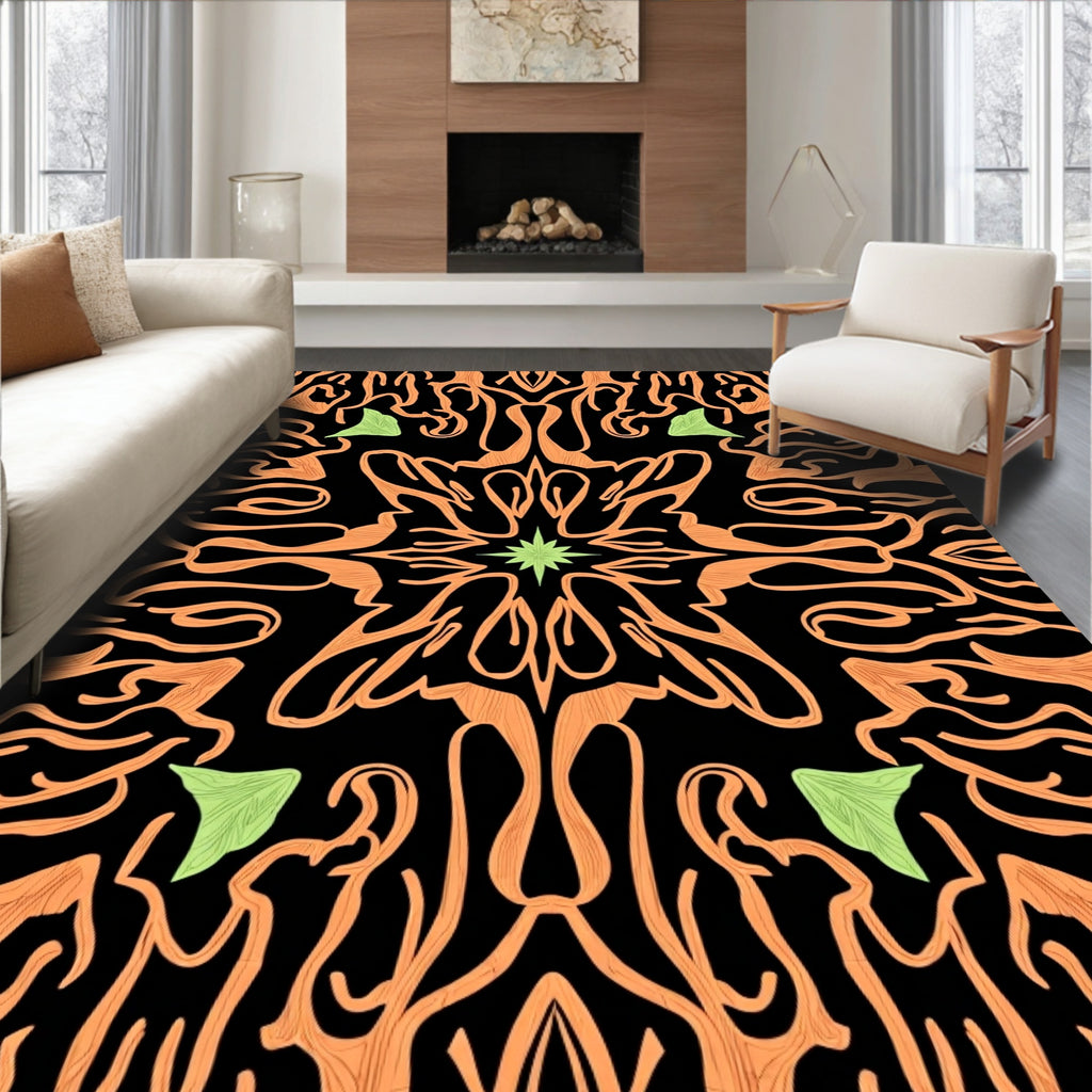 Orange Swirl Starburst Green Leaf Rug