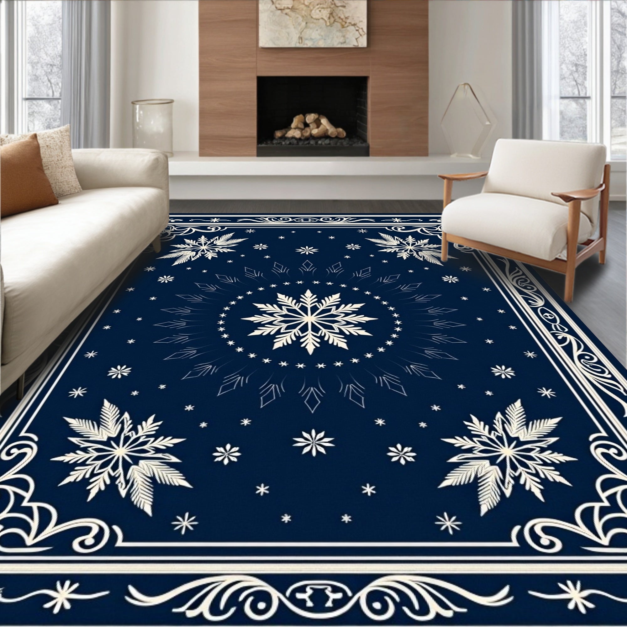 Navy Blue Snowflake Mandala Border Rug