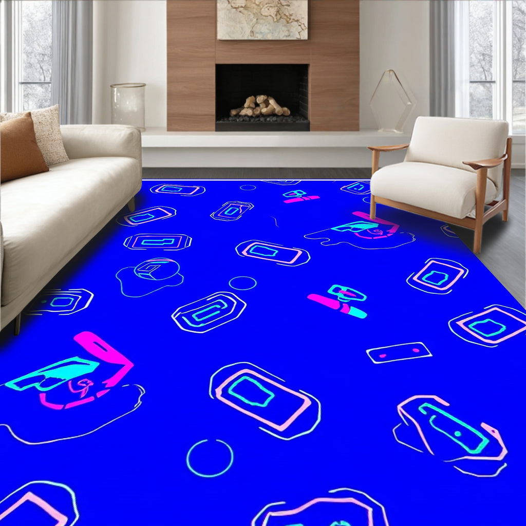 Retro Pink Blue Rectangles and Circles Rug
