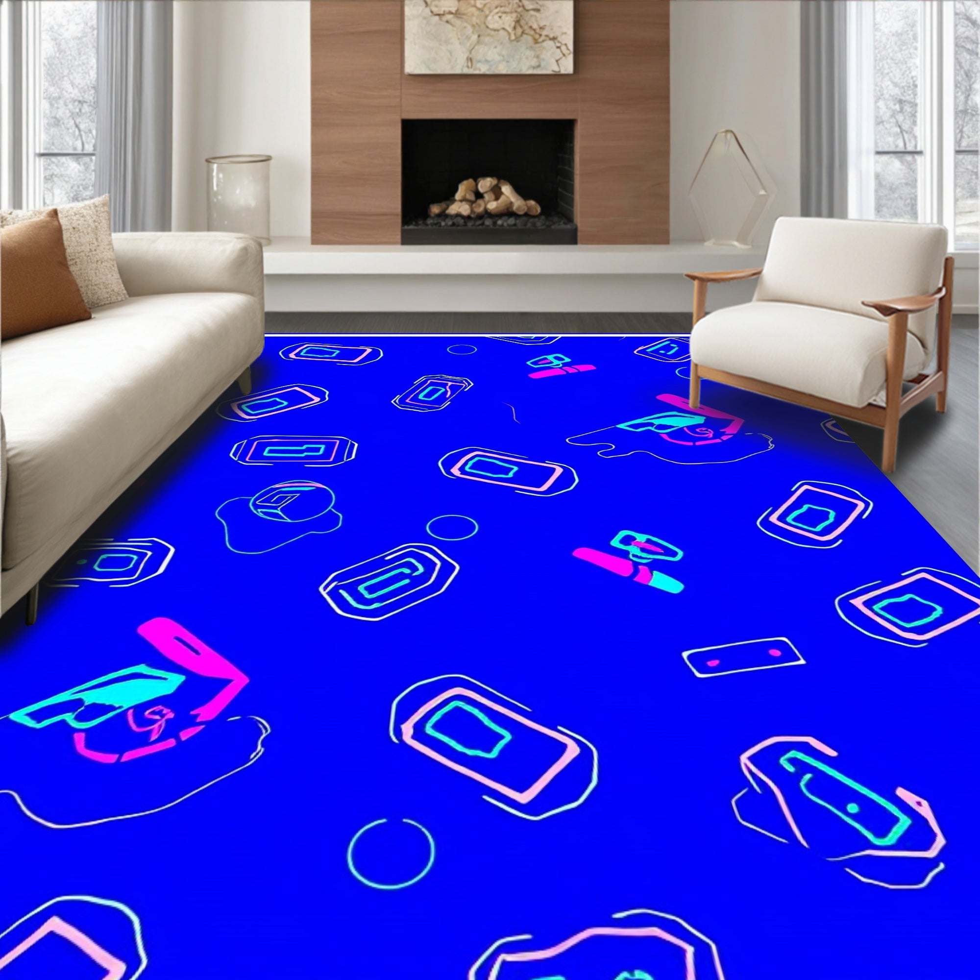 Retro Pink Blue Rectangles and Circles Rug