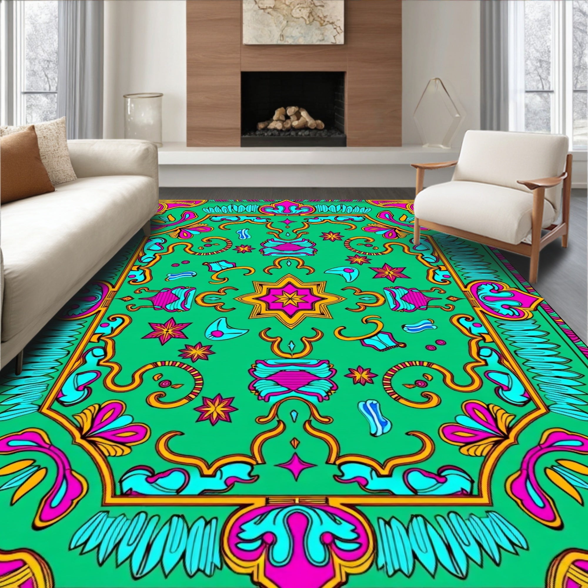 Vibrant Pink Teal Geometric Star Medallion Rug
