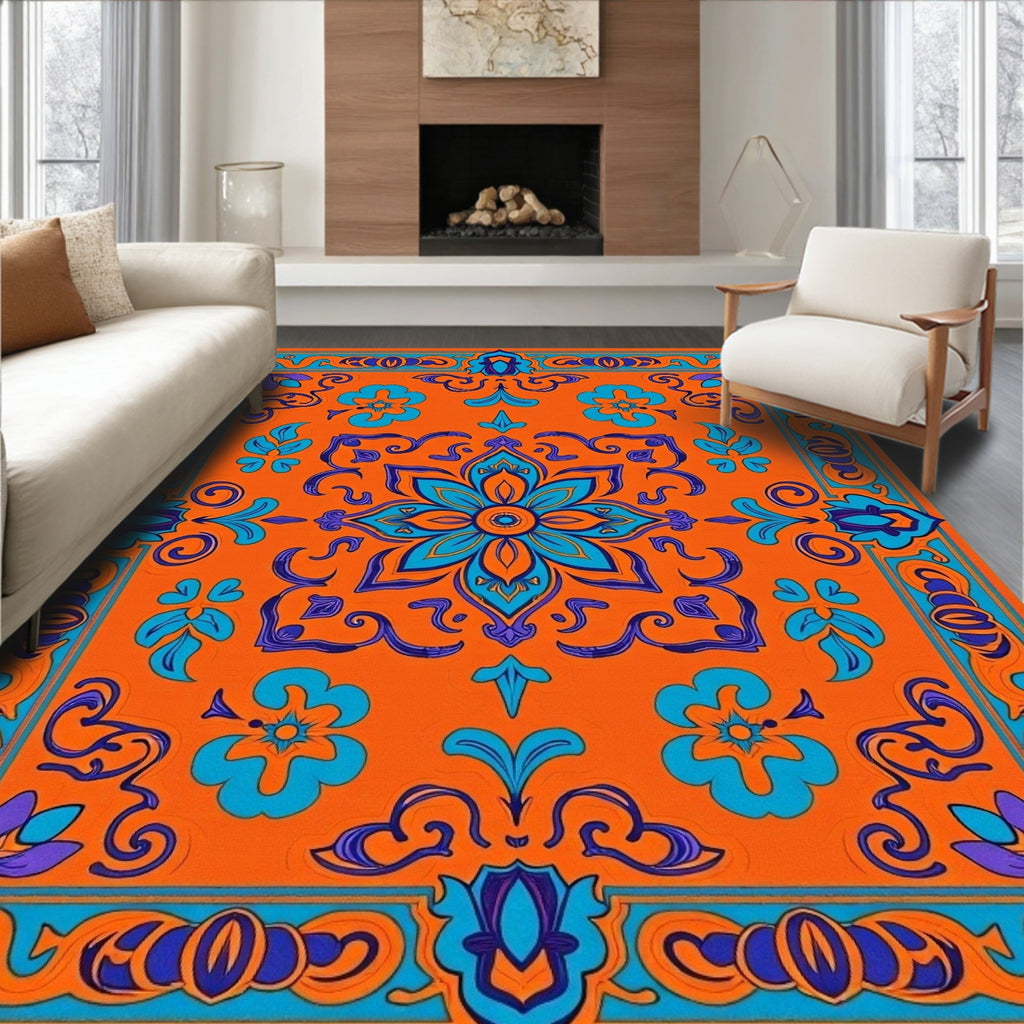 Vibrant Orange Blue Floral Medallion Rug