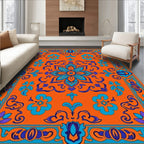 Vibrant Orange Blue Floral Medallion Rug