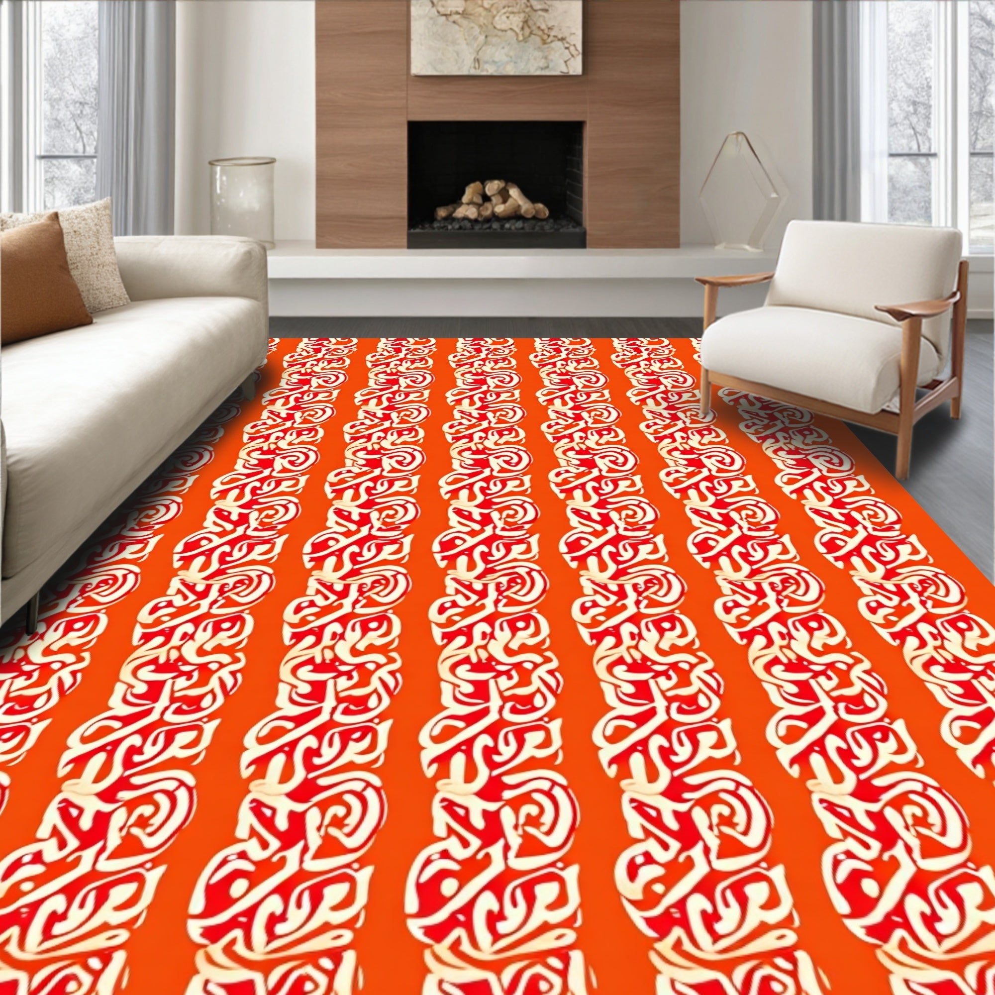 Orange Cream Swirl Vertical Stripe Fabric Rug