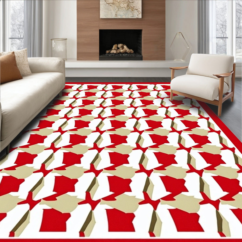 Red Tan White Abstracted Houndstooth Rug