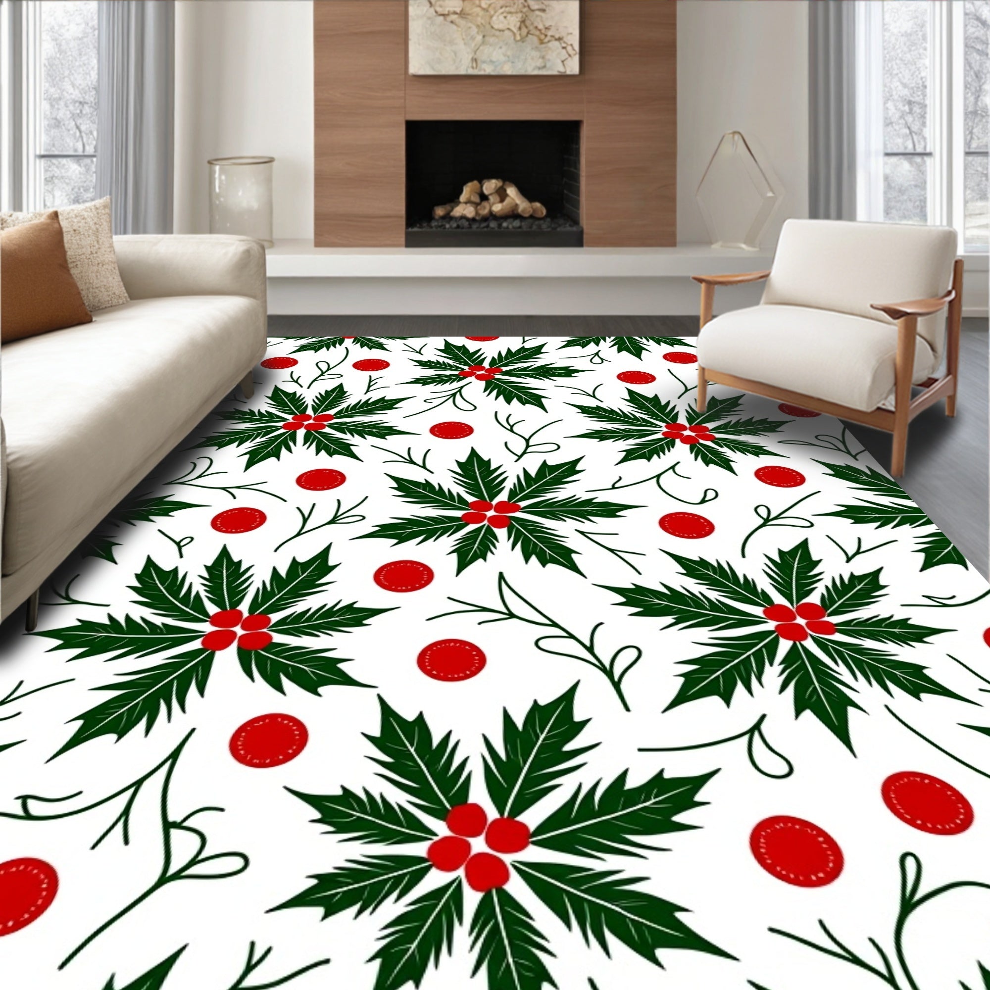 Festive Green Holly Berry Arrangement Rug