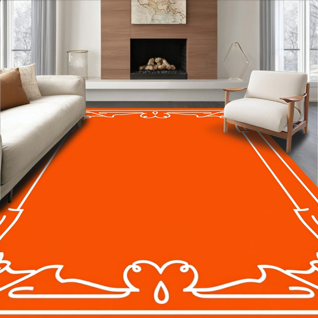 Vibrant Orange White Scroll Border Rug