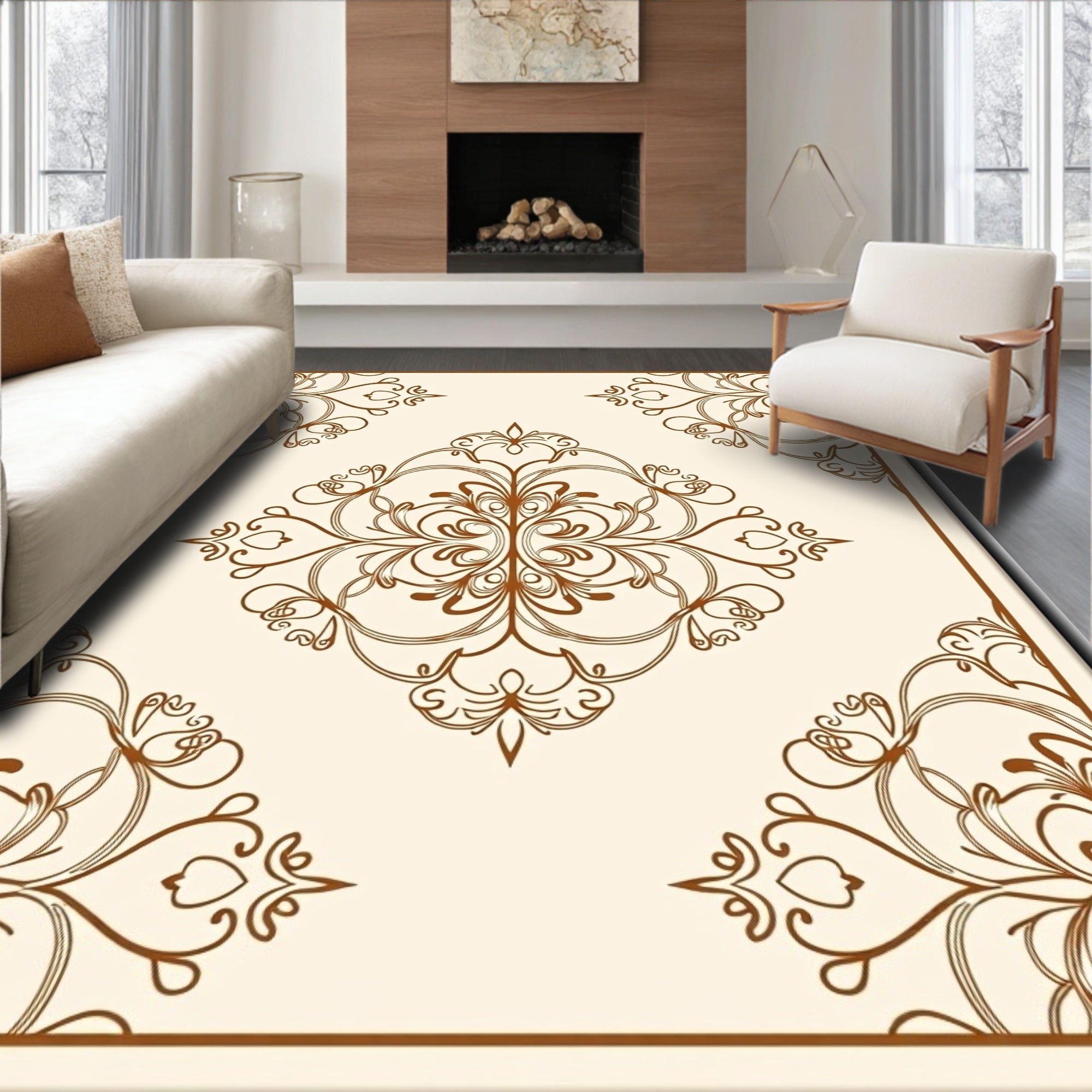 Ornate Brown Floral Medallion Rug