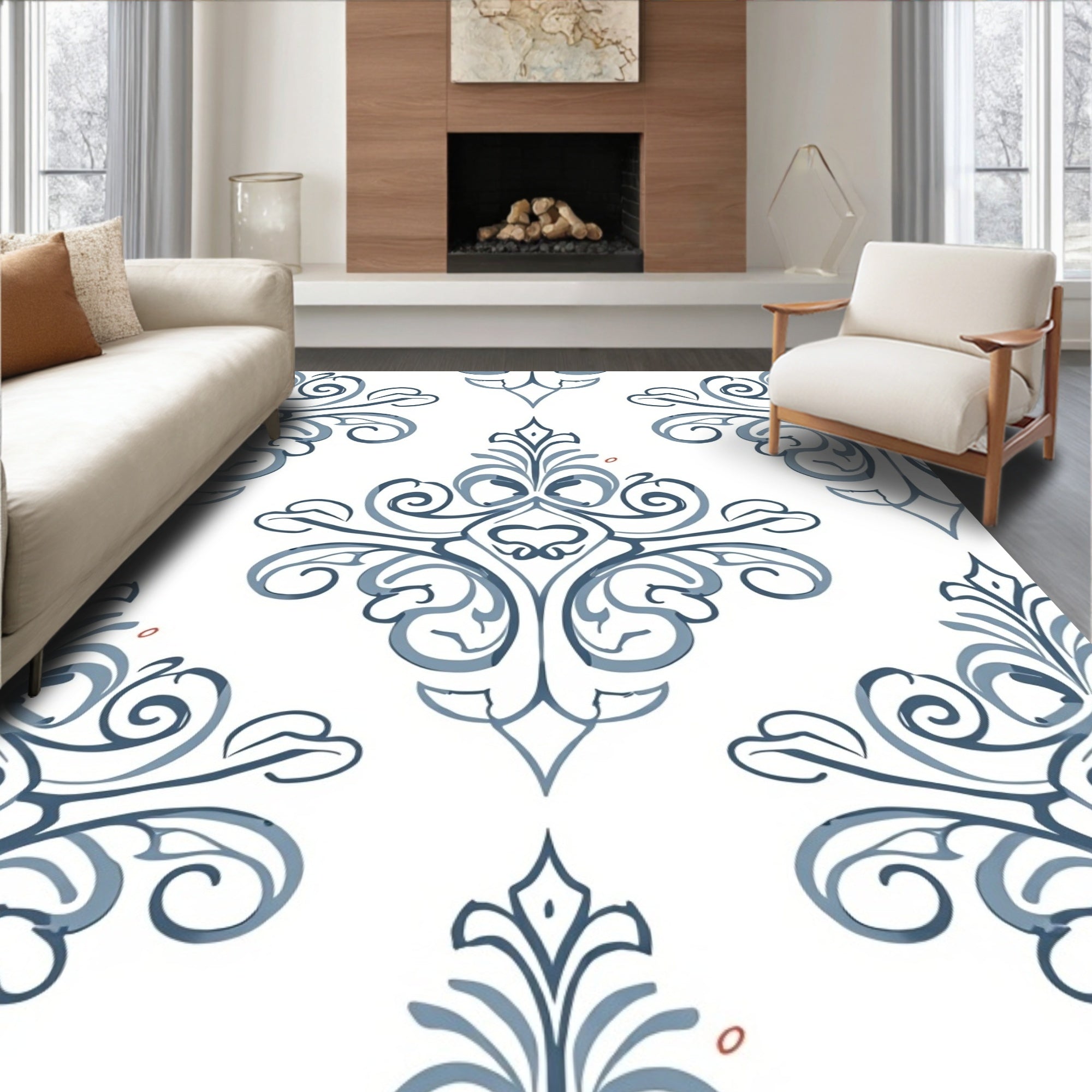 Classic Blue Arabesque Scrollwork Area Rug