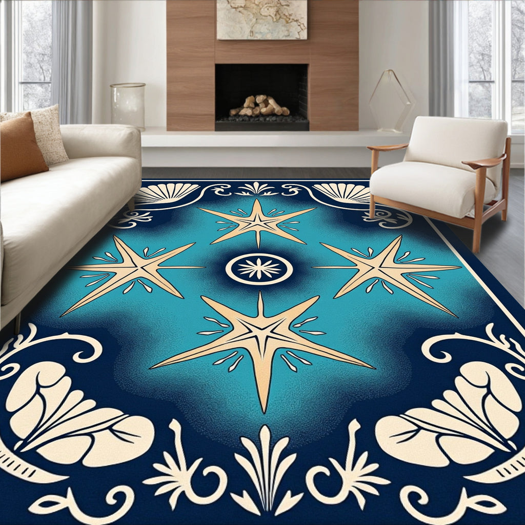 Golden Starburst Celestial Deep Blue Rug